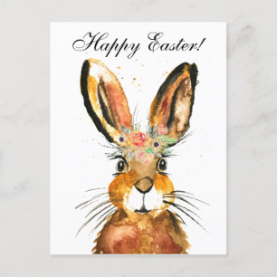 Cute Watercolor Rabbit Bunny Hare Easter Floral Postcard