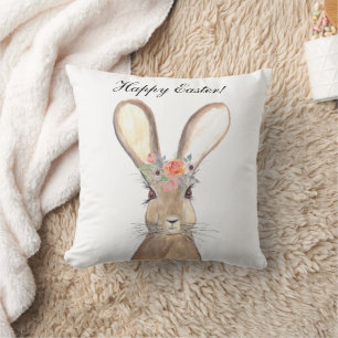 Cute Watercolor Rabbit Bunny Hare Easter Floral Throw Pillow