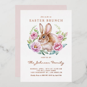 Cute Watercolor Rabbit Floral Wreath Easter Party Foil Invitation