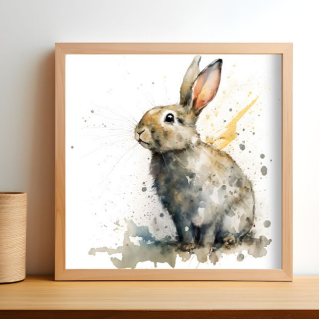 Cute Watercolor Rabbit  Poster (A watercolor painting of a rabbit is shown in a light wood frame.)