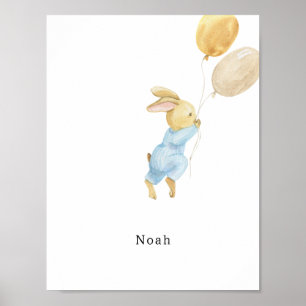 Cute Watercolor Rabbit With Balloons Name Poster