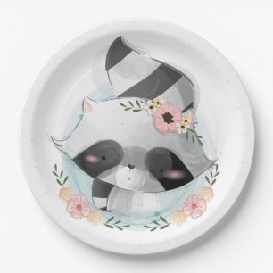 Cute Watercolor Raccoon Baby Shower Paper Plate