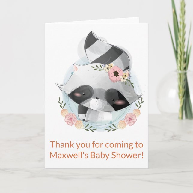 Cute Watercolor Raccoon Baby Shower Thank You Card (Front)