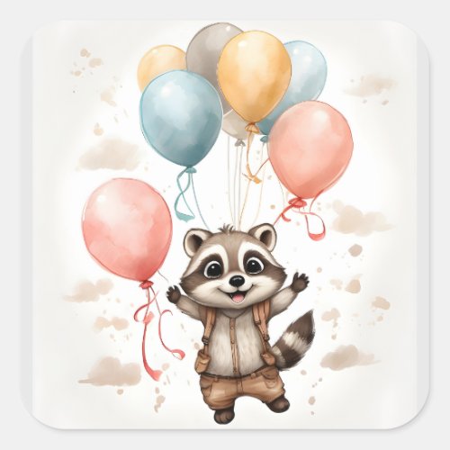 Cute Watercolor Raccoon Big Balloons Classic Square Sticker