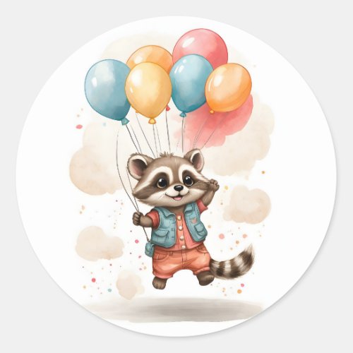 Cute Watercolor Raccoon Big Balloons Jacket Classic Round Sticker