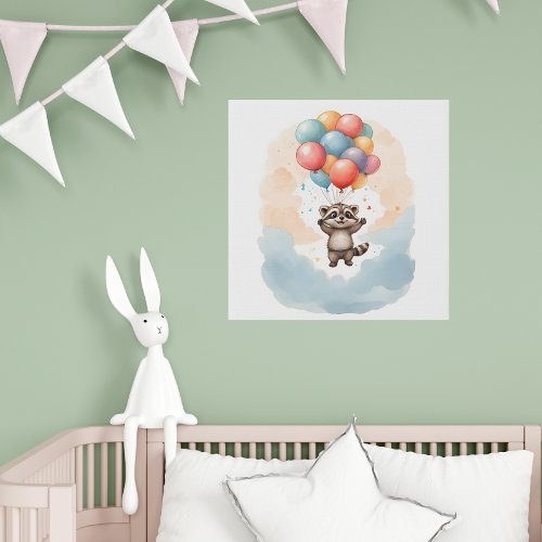 Cute Watercolor Raccoon Big Balloons Nursery Faux Canvas Print