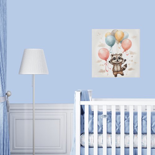 Cute Watercolor Raccoon Big Balloons Nursery Faux Canvas Print