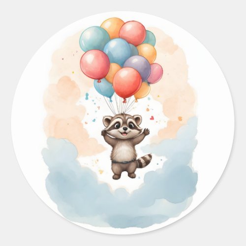 Cute Watercolor Raccoon Big Colorful Balloons Classic Round Sticker