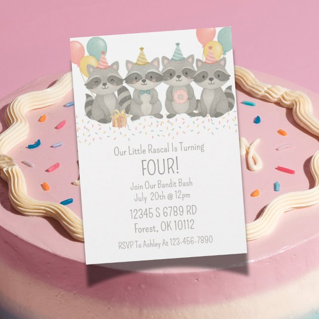 Cute Watercolor Raccoon Birthday Invitation  (Woodland raccoon birthday invitation design with cute watercolor birthday accents)