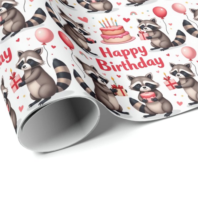 Cute Watercolor Raccoon Birthday Scene - Birthday Wrapping Paper (Roll Corner)