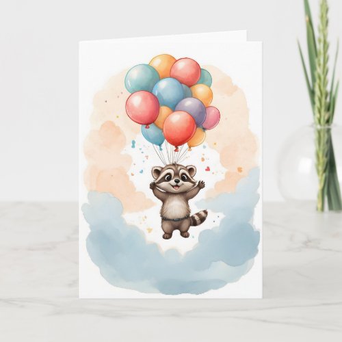Cute Watercolor Raccoon Colorful Balloons Blank Card