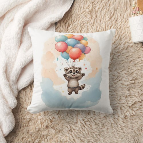 Cute Watercolor Raccoon Colorful Balloons Nursery Throw Pillow