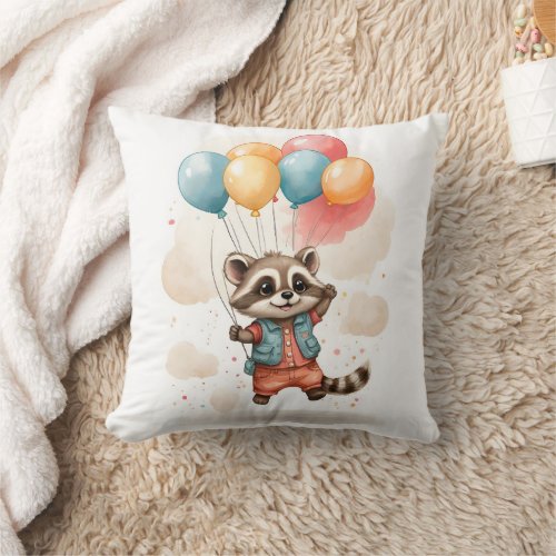 Cute Watercolor Raccoon Colorful Balloons Nursery Throw Pillow