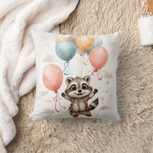 Cute Watercolor Raccoon Colorful Balloons Nursery  Throw Pillow