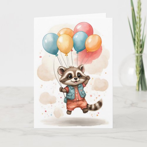 Cute Watercolor Raccoon Jacket Balloons Blank Card