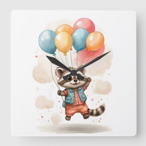Cute Watercolor Raccoon Jacket Balloons Nursery Square Wall Clock
