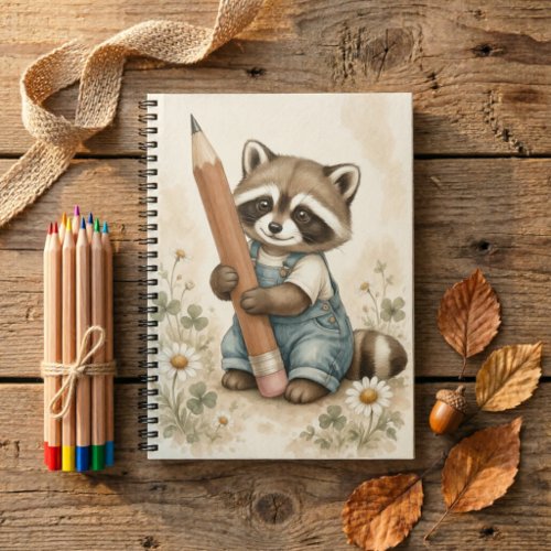 Cute Watercolor Raccoon Pencil Vintage Storybook Notebook