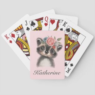 Cute Watercolor Raccoon Pink Floral Poker Cards