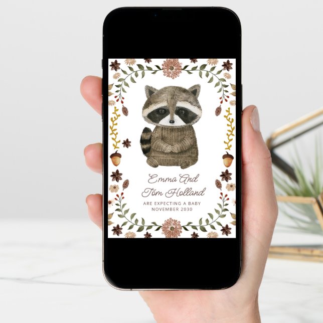 Cute Watercolor Raccoon Pregnancy Announcement (Front Digital)