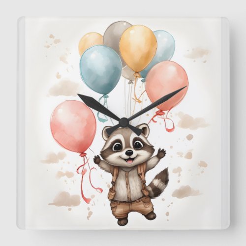 Cute Watercolor Raccoon Suspenders Balloon Nursery Square Wall Clock