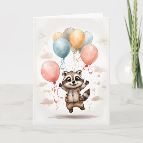 Cute Watercolor Raccoon Suspenders Balloons Blank Card