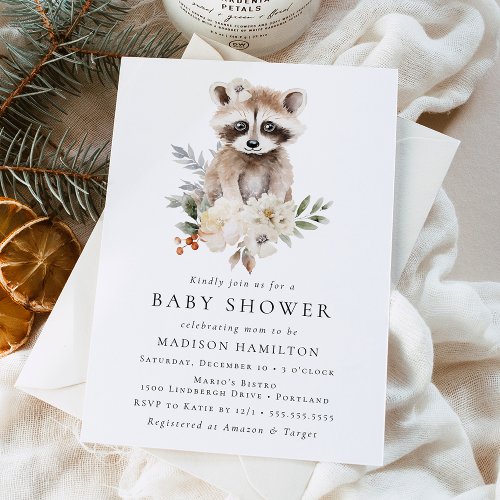 Cute Watercolor Raccoon Winter Baby Shower Invitation