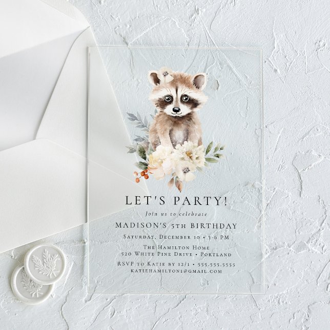 Cute Watercolor Raccoon Winter Birthday Party Acrylic Invitations (Creator Uploaded)