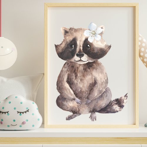 Cute Watercolor Racoon and Flower Woodland Nursery Poster