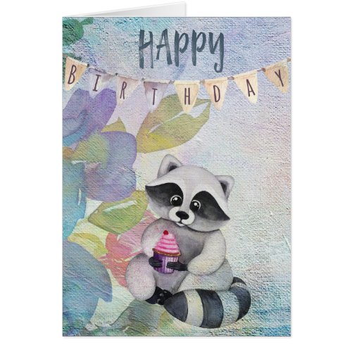 Cute Watercolor Racoon Happy Birthday Card