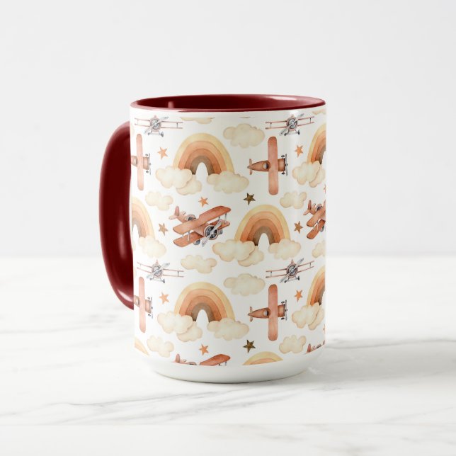 Cute Watercolor Rainbow Airplane Pattern Mug (Front Left)