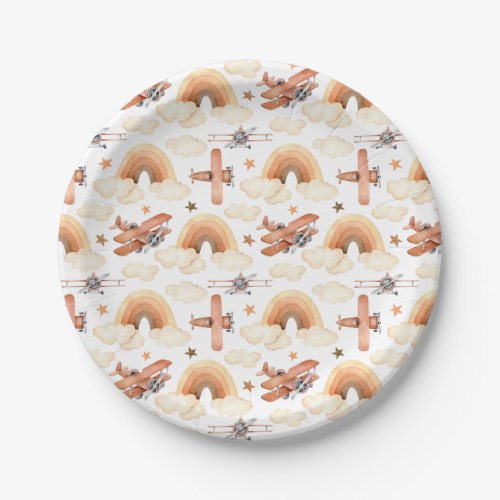 Cute Watercolor Rainbow Airplane Pattern Paper Plates