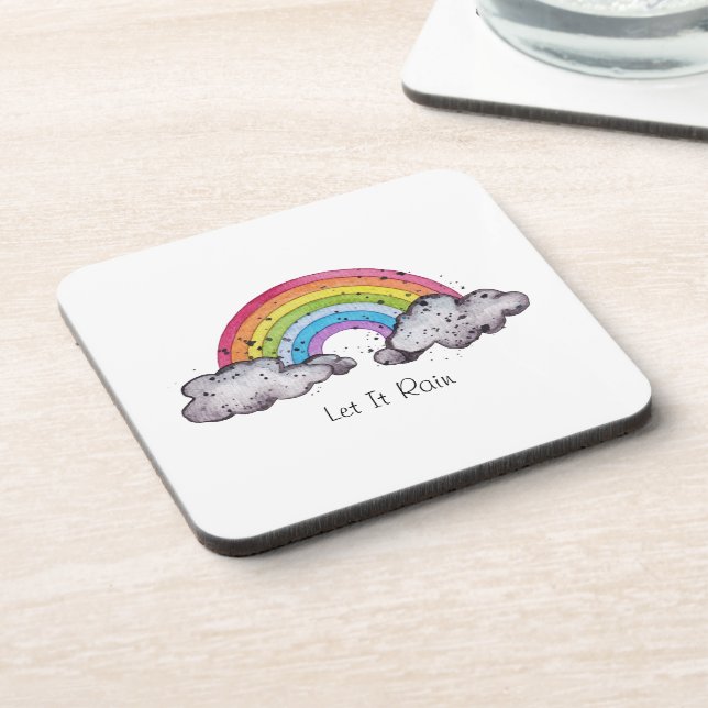 Cute Watercolor Rainbow And Clouds Beverage Coaster (Left Side)