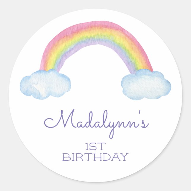 Cute Watercolor Rainbow and Clouds Birthday Classic Round Sticker (Front)