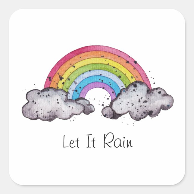 Cute Watercolor Rainbow And Clouds Square Sticker (Front)