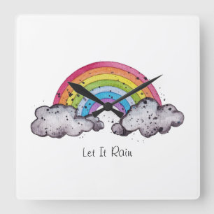 Cute Watercolor Rainbow And Clouds Square Wall Clock