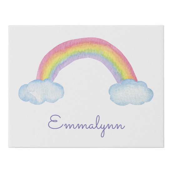 Cute Watercolor Rainbow and Clouds with Name Faux Canvas Print