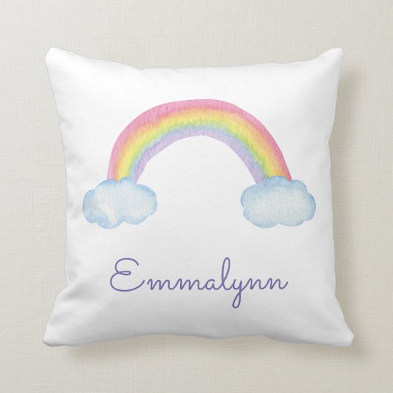 Cute Watercolor Rainbow and Clouds with Name Throw Pillow