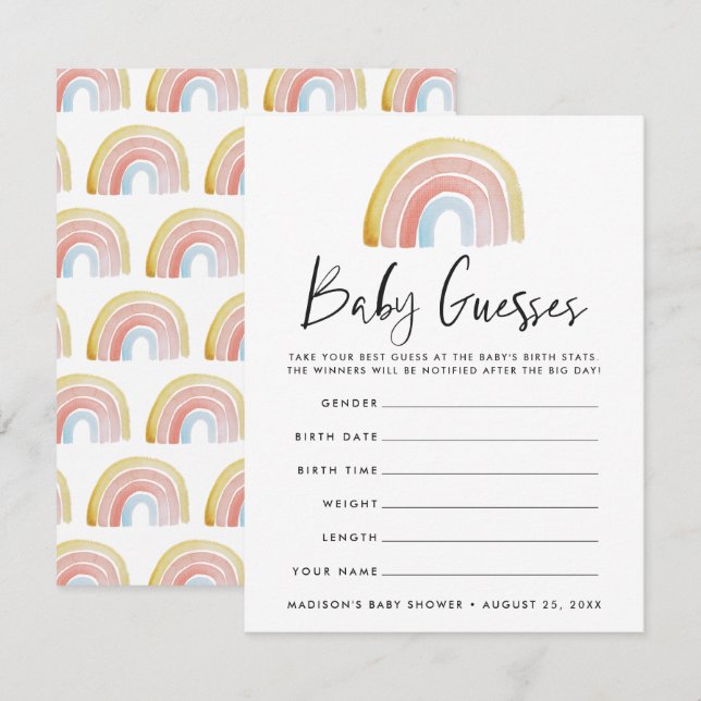 Cute Watercolor Rainbow Baby Shower Guessing Game (Front/Back)