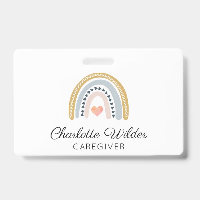 Cute Watercolor Rainbow Caregiver Business Card Badge (Front)
