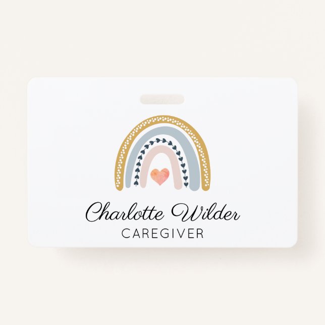 Cute Watercolor Rainbow Caregiver Business Card Badge (Front)