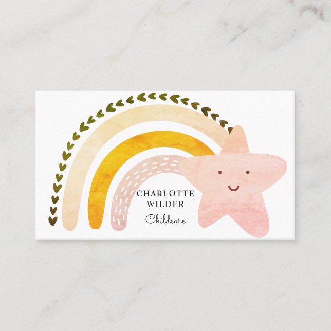 Cute Watercolor Rainbow Childcare Business Card (Front)