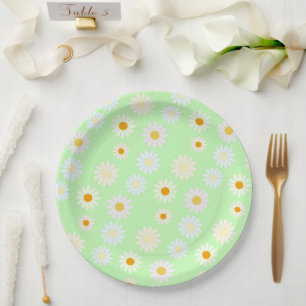 Cute watercolor Rainbow color Daisy Pattern Green Paper Plates