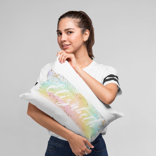 Cute Watercolor Rainbow Custom Name Lumbar Pillow (Creator Uploaded)