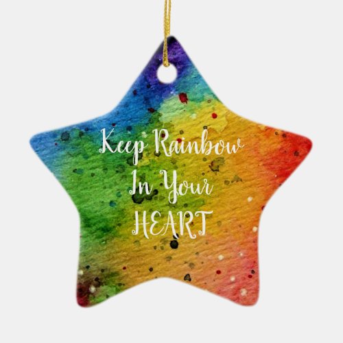 Cute Watercolor Rainbow Heart Ceramic Ornament