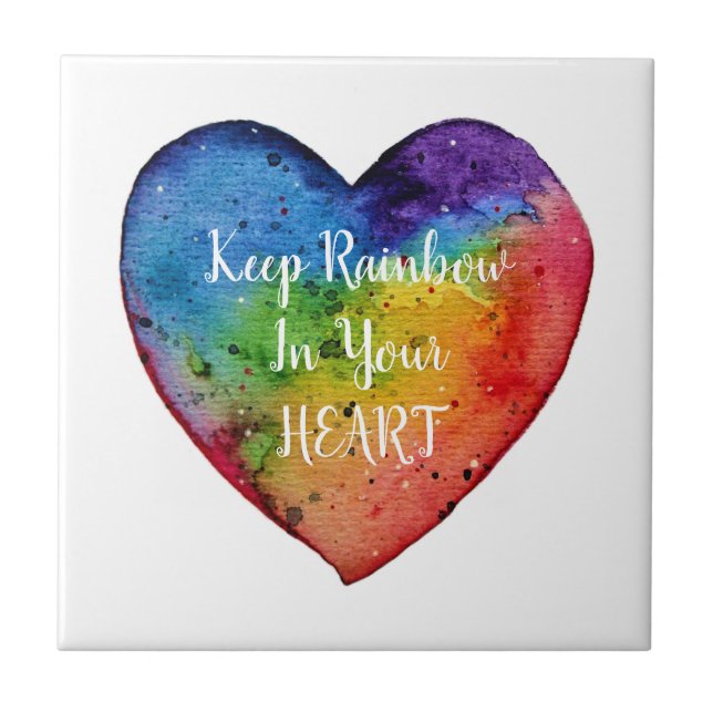 Cute Watercolor Rainbow Heart Ceramic Tile (Front)