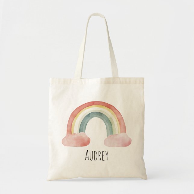 Cute Watercolor Rainbow Personalized Tote Bag (Front)