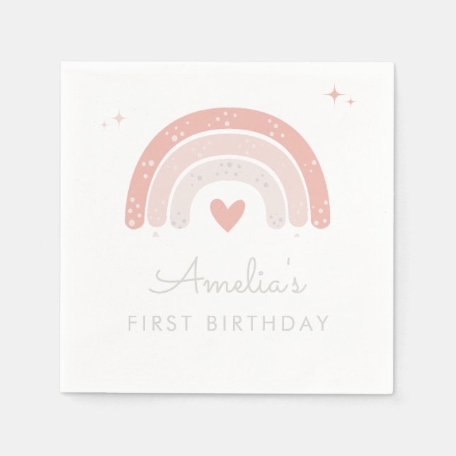 Cute Watercolor Rainbow Pink Girl Birthday Napkins (Front)