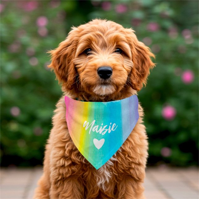 Cute Watercolor Rainbow Stripes Name Pet Bandana Collar (Creator Uploaded)