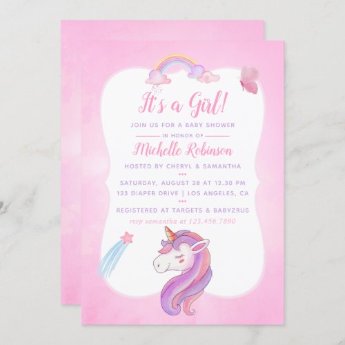 Cute Watercolor Rainbow Unicorn Baby Girl Shower Invitation