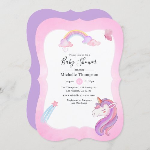 Cute Watercolor Rainbow Unicorn Baby Girl Shower Invitation